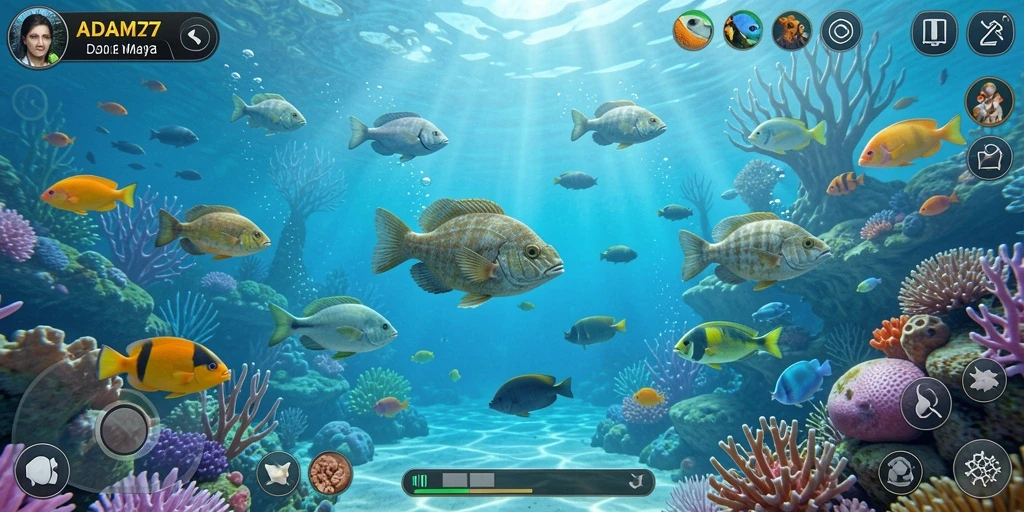 Screenshot gameplay ADAM77 menampilkan aksi seru memancing ikan di lautan.