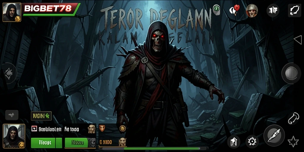 Tangkapan layar permainan BIGBET78 menampilkan adegan menakutkan dalam suasana Horror.